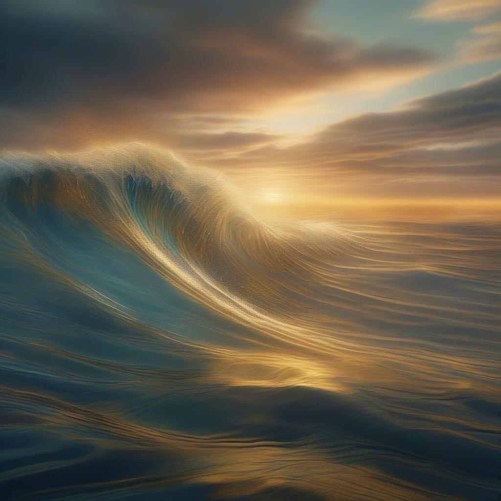 A beautiful depiction of a wave in the ocean, with the sun setting in the background.