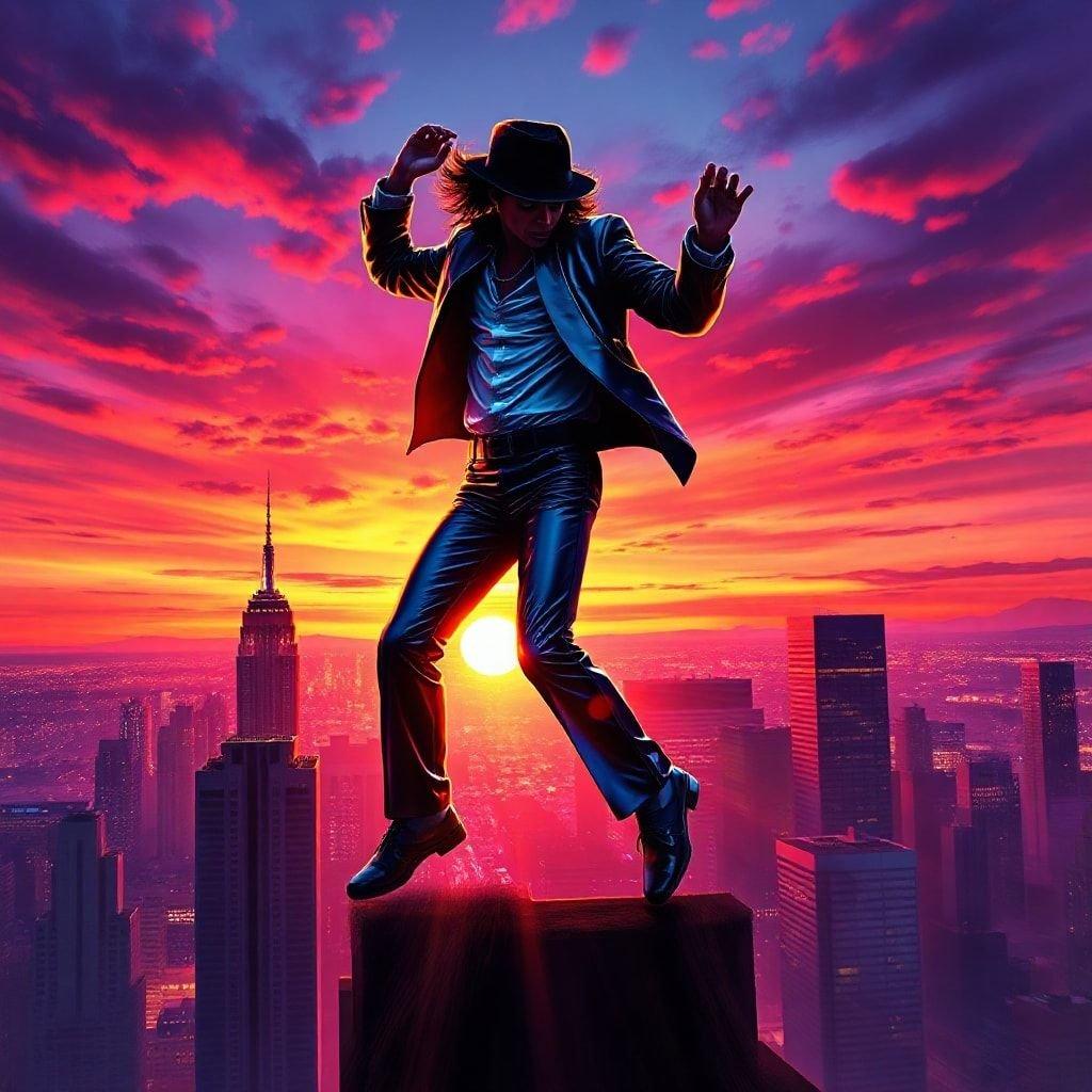 Bustling city skyline at sunset. Iconic figure dancing on top of a skyscraper, silhouetted against the vibrant sky.