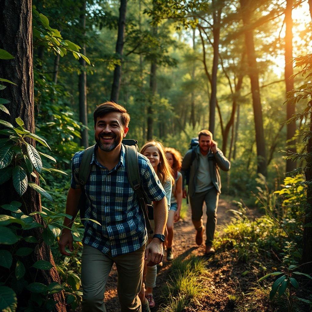 A family trekking through a forest trail together on a clear day, enjoying quality time outdoors.