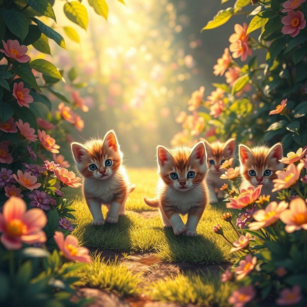 Cuddly kittens frolic in a vibrant flower garden, their innocent curiosity leading the way into the magical path before them.