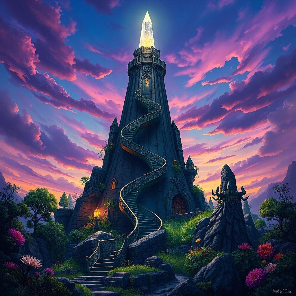 Imagine yourself standing in front of an ancient castle bathed in the warm glow of a setting sun. This majestic fortress, complete with a spiraling staircase and a golden torch at its peak, invites you to step into a world of fantasy and adventure.