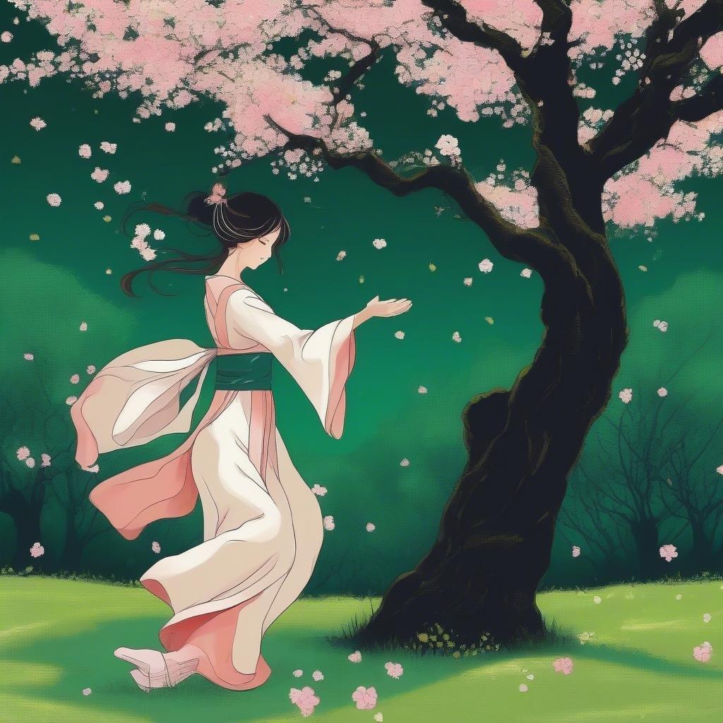 Eine Anime-Stil-Illustration zeigt eine Person in einem traditionellen Kimono, die anmutig unter einem blühenden Kirschbaum tanzt, während der Vollmond vor dem Hintergrund eines dunklen Waldes aufgeht. Die lebhaften rosa Blüten und grünen Blätter bieten einen ruhigen Kontrast zum dunklen Hintergrund.