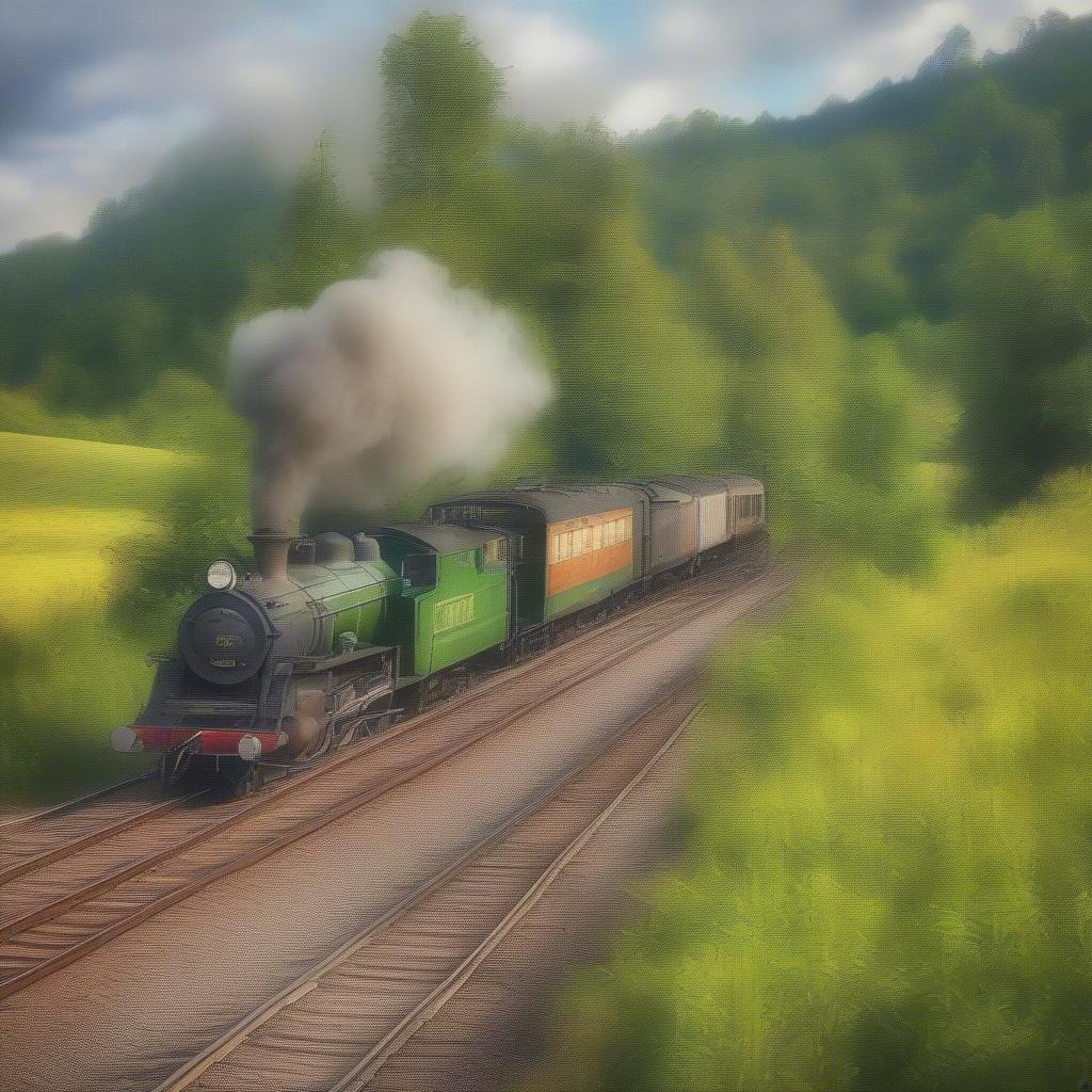 An old-style steam train makes its way through the verdant hills, evoking a sense of nostalgia and tranquility.