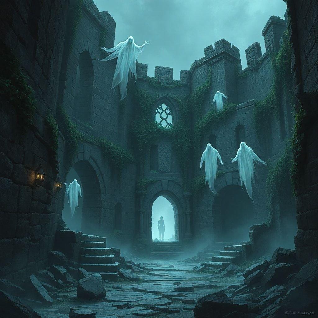 In the dimly lit corridors of a decaying castle, spectral figures roam. The air is thick with mist and the silence is only broken by distant cries that echo through the halls. Enter at your own risk.