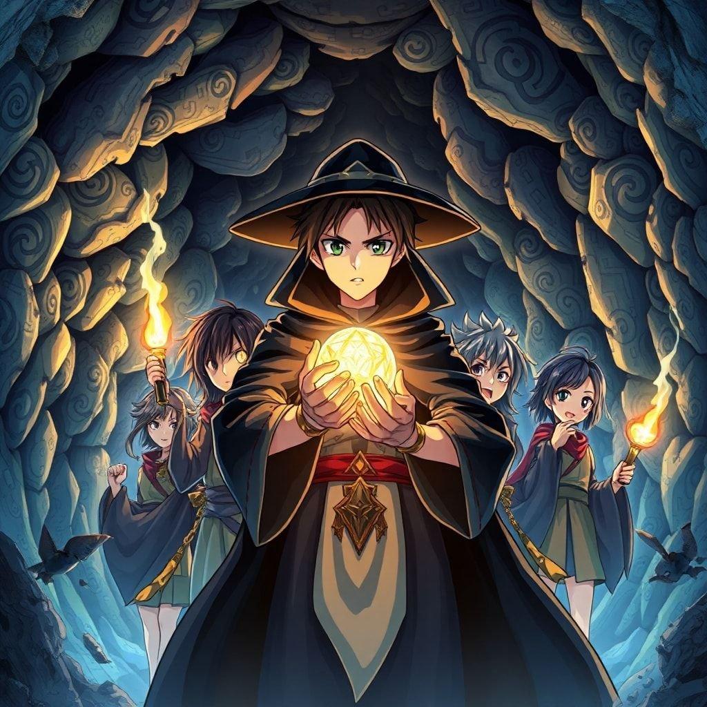 Get ready to embark on an epic adventure with this stunning anime wallpaper featuring a group of young heroes in a mysterious cave.