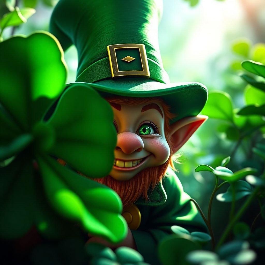 A whimsical depiction of a leprechaun in his forest home, ready for St. Patrick's Day celebrations!