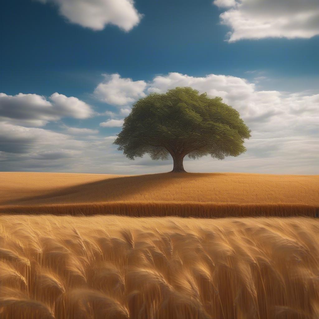 A serene country scene with a solitary tree standing amidst a golden wheat field, under an expansive blue sky.