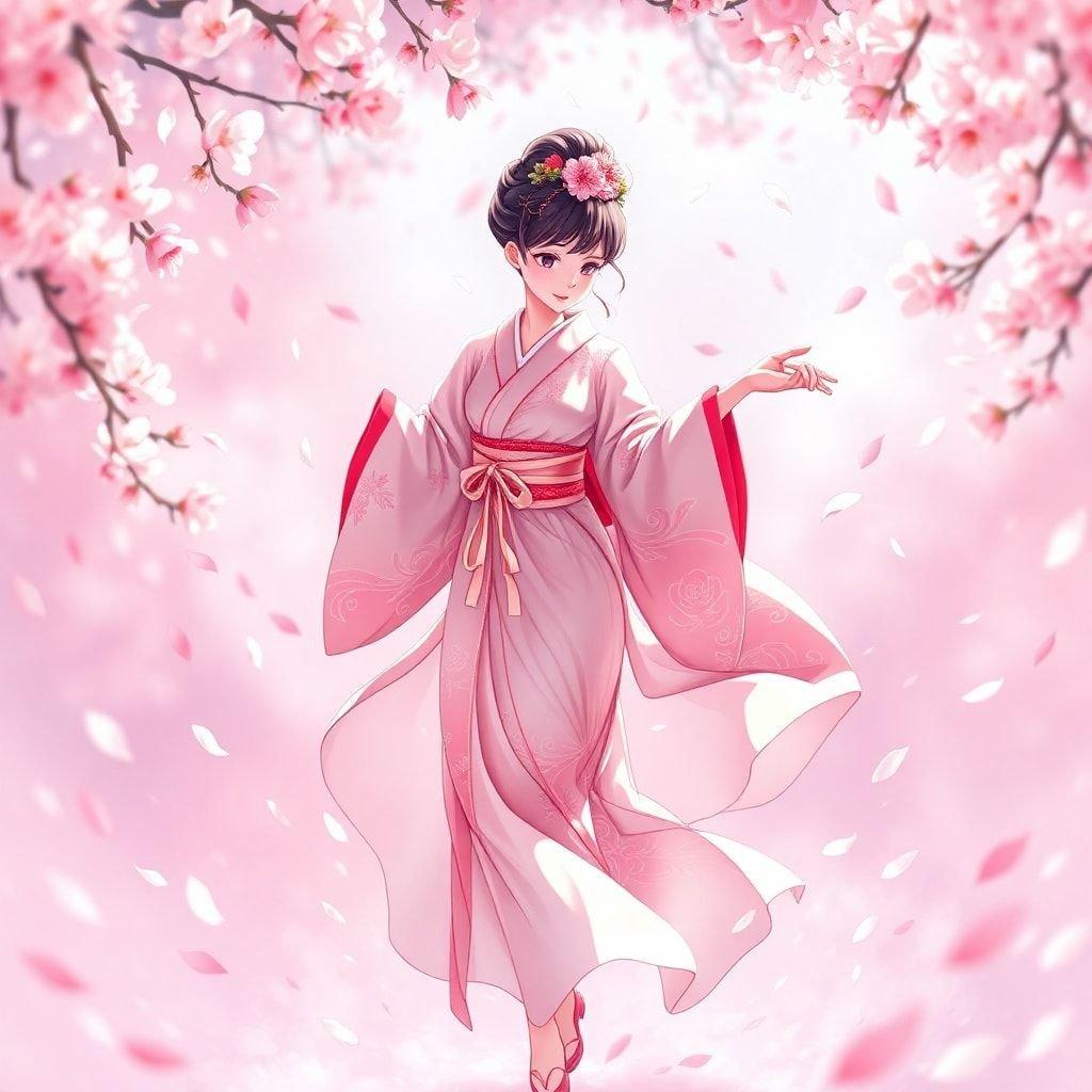 Tauchen Sie ein in die ruhige Schönheit dieser Anime-Geisha-Illustration, die anmutig inmitten eines Wasserfalls von Kirschblütenblättern tanzt.