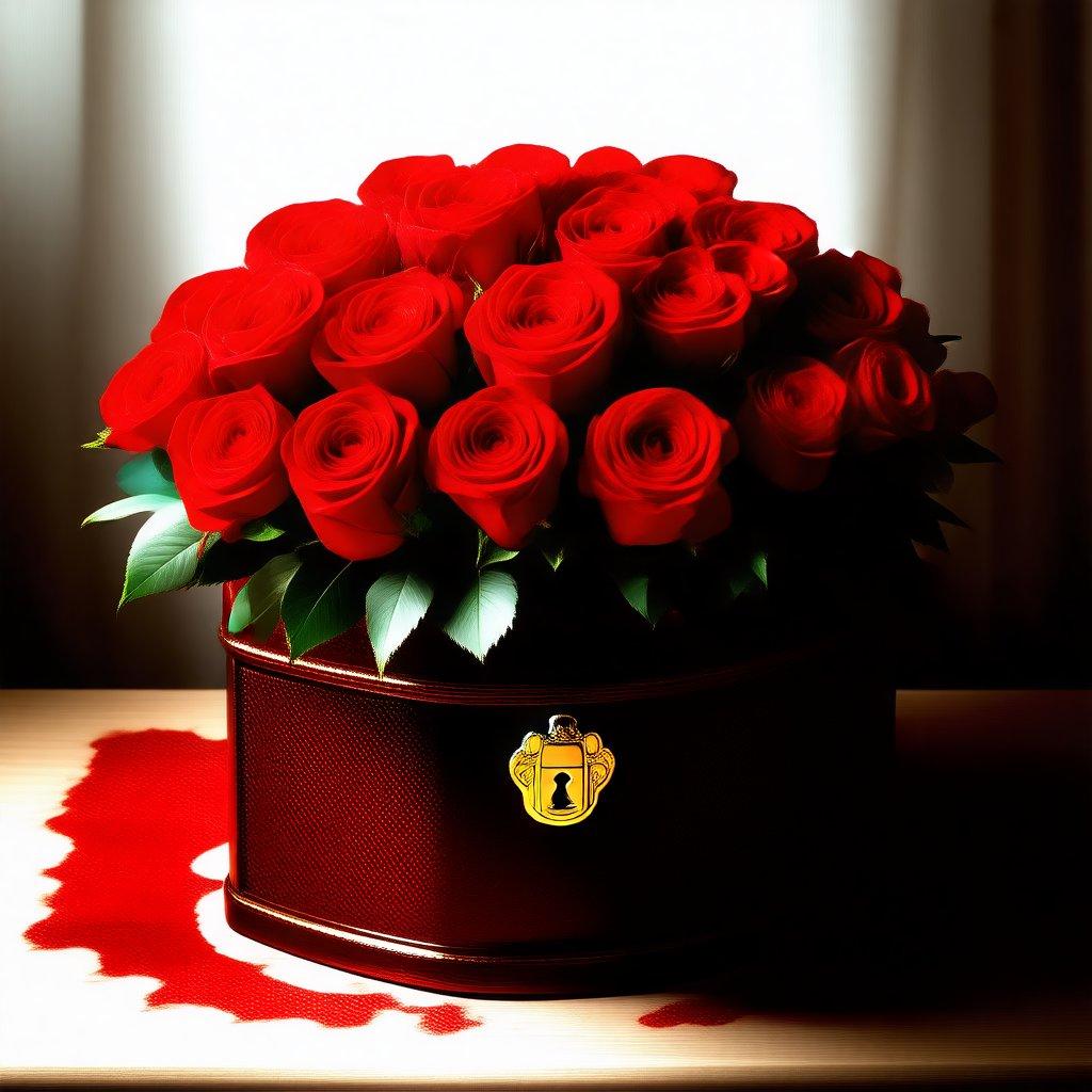 A bouquet of deep red roses in full bloom, with green leaves, arranged in a luxurious leather box - perfect for Valentine's Day celebrations.