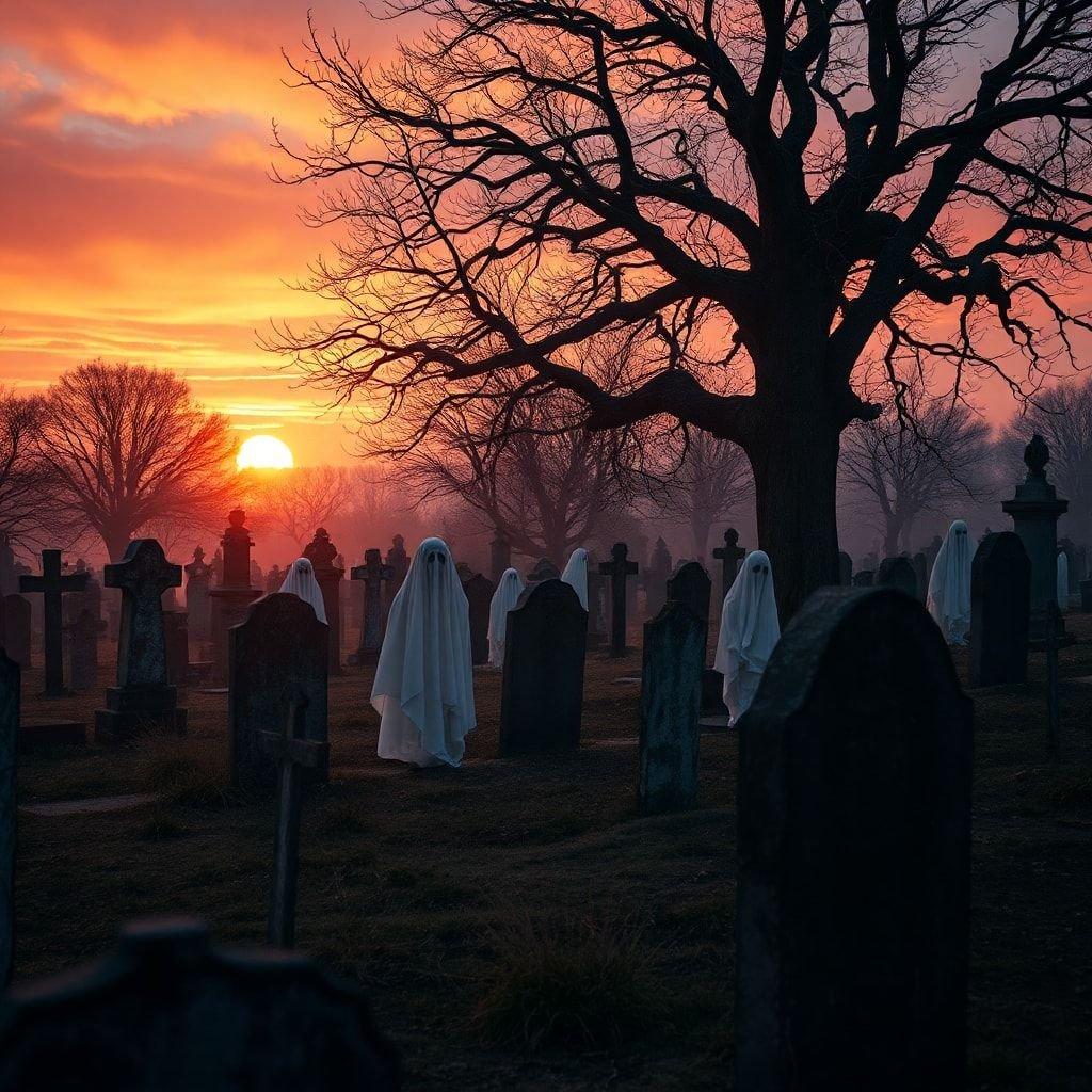 A haunting scene set in a cemetery during the golden hour, where the spirits appear to stand and watch the sun go down. Ideal for Halloween decor.