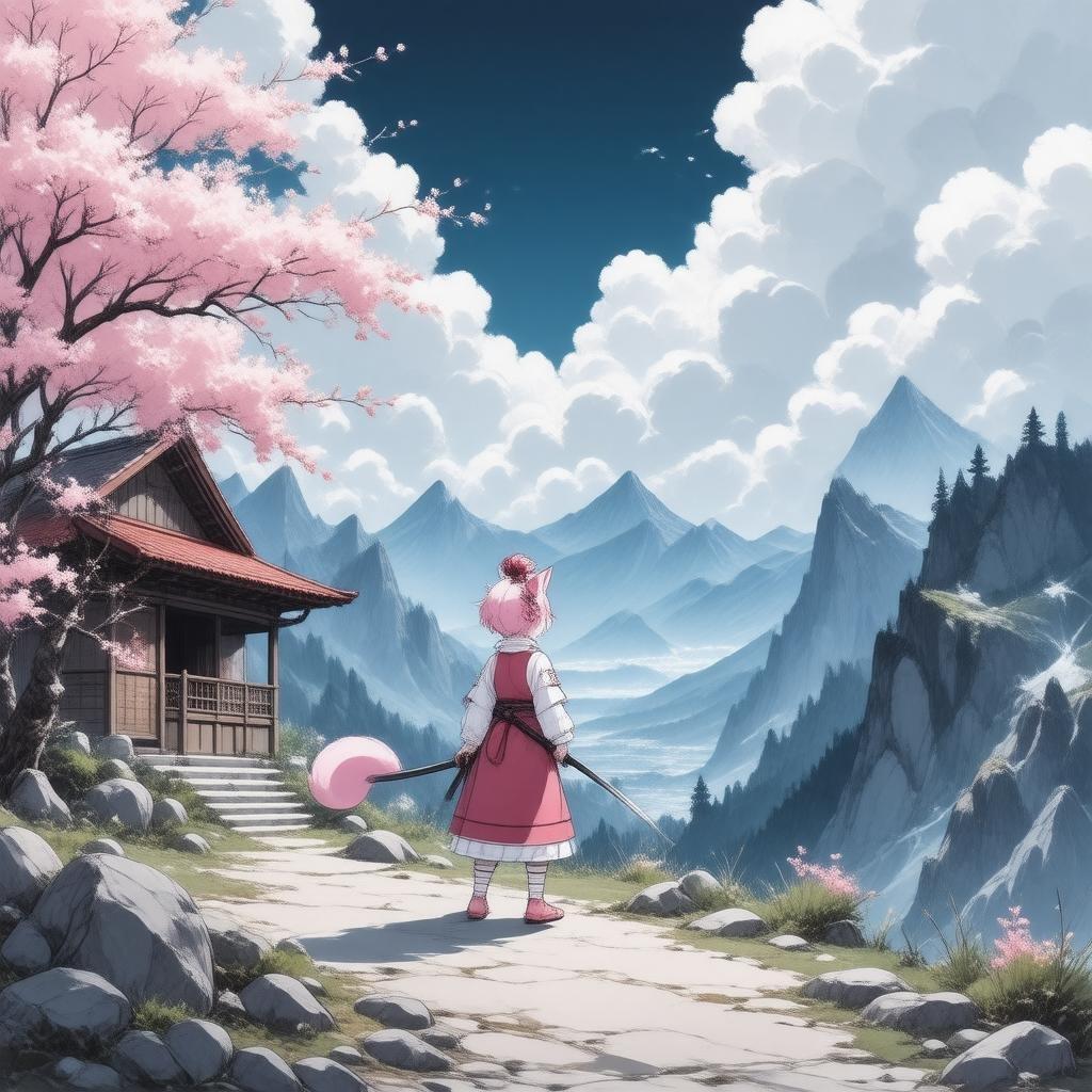 This anime illustration features a young samurai standing on a mountain, surrounded by a forest of cherry blossom trees and a small wooden hut with a red roof. The samurai's vibrant pink and white fur stands out against the dark background, creating a striking contrast. The dreamy atmosphere is enhanced by the fluffy clouds in the sky, making this image a captivating and serene scene.