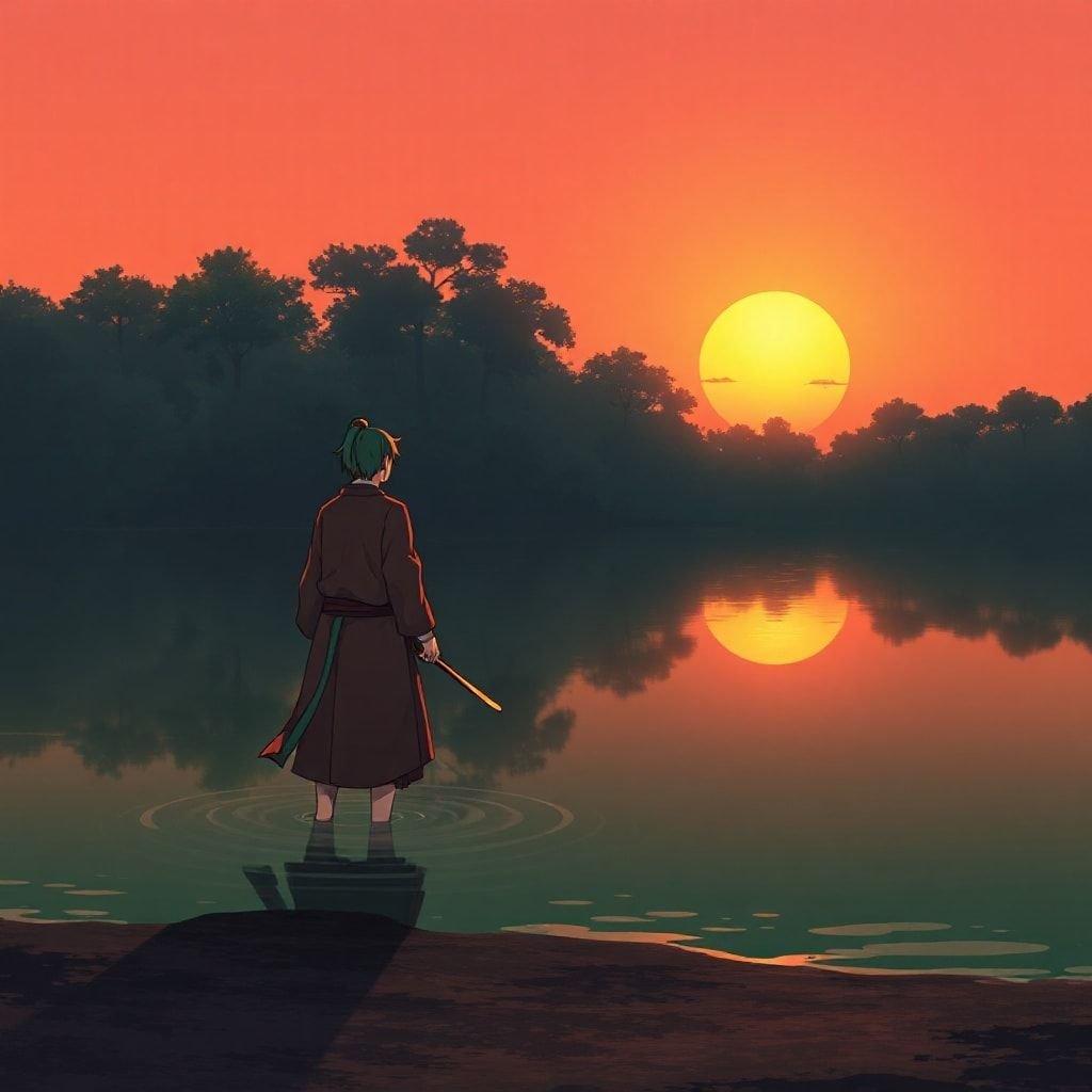 A serene anime-style sunset scene featuring a lone samurai standing on the shore of a tranquil lake, with the sun setting behind him and casting an orange glow on the water.