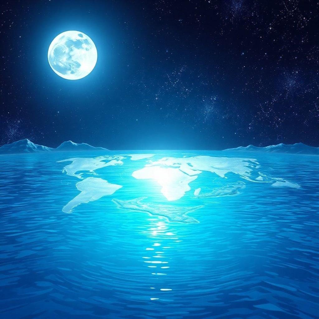 This stunning wallpaper features an anime-style map etched onto the surface of a large lake, illuminated by the light of a full moon.