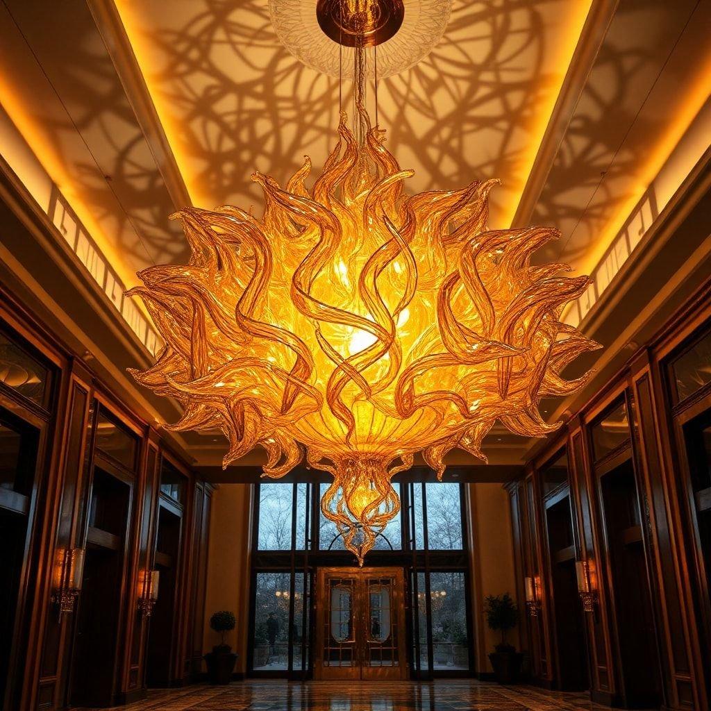 Um luxuoso lobby de hotel com um deslumbrante candelabro pendurado no teto, criando uma atmosfera de opulência e grandeza.