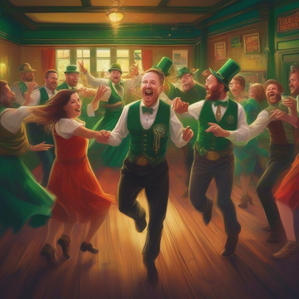 The room erupts with cheerful laughter as the crowd celebrates St. Patrick's Day in high spirits, dancing and enjoying the festivities.