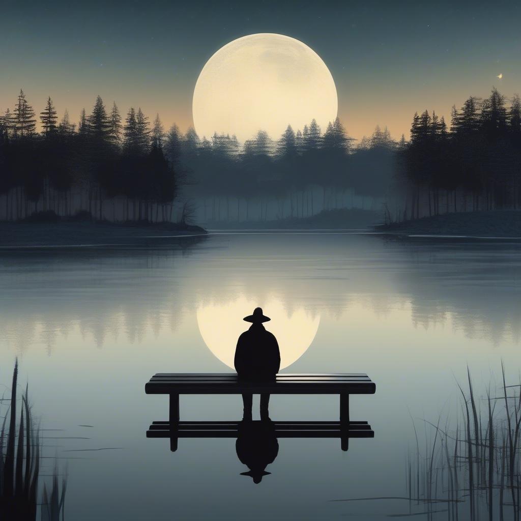 Embrace the tranquility of the new year with this serene wallpaper, featuring a person sitting on a bench, gazing at the moonlit lake, surrounded by trees and a starry sky.