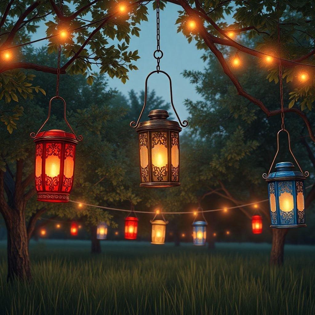 Celebrate Independence Day with a beautiful outdoor scene featuring lanterns hanging from trees, creating a festive and patriotic atmosphere.