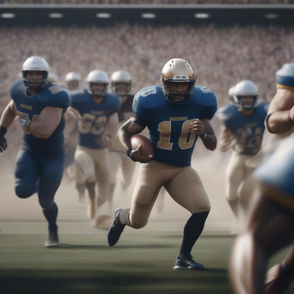 The dynamic scene captures the intensity of an American football game. The running back, clad in a blue jersey with gold accents and white pants, is sprinting down the field. A player from the opposing team, wearing a contrasting white jersey and blue pants, attempts to block him. The focus is sharp, bringing every detail of their intense interaction into clear view. The stadium around them, though blurred, adds an air of excitement and anticipation that's palpable even in stillness.