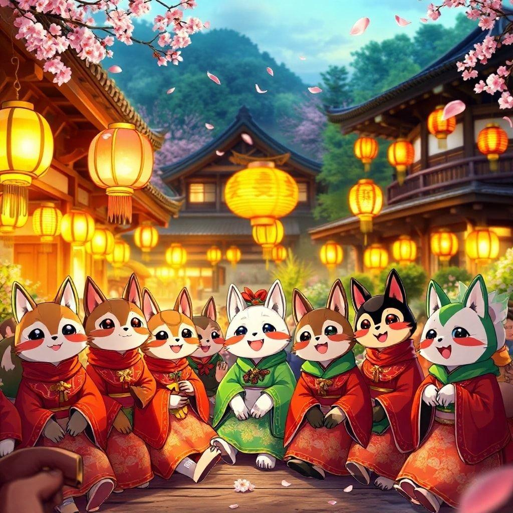 Get ready to immerse yourself in the vibrant world of anime with this stunning wallpaper featuring a group of anthropomorphic animals at a lively festival in an ancient Japanese village. The warm light and enchanting atmosphere will transport you to a world of joy and wonder.