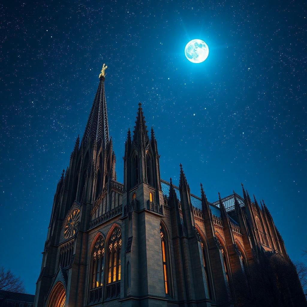 Dette fantastiske billede fanger den betagende skønhed af en katedral under lyset fra en fuldmåne.