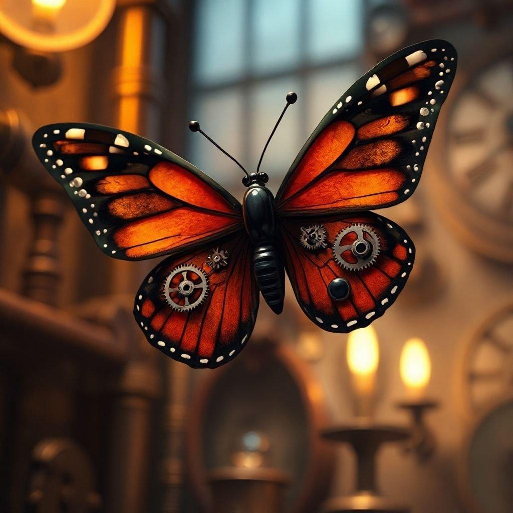 An intricately designed steampunk butterfly, blending the elegance of nature with the precision of machinery.