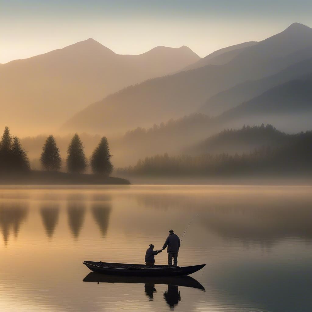 This serene scene captures a moment of quiet bonding between a father and his child on a peaceful lake at sunset. The tranquil backdrop of foggy mountains adds to the beauty of this cherished memory.