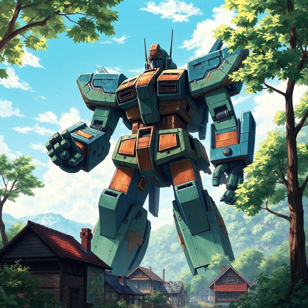 This anime illustration showcases a giant robot guarding a peaceful village, with its body a mess of green and brown and a glowing red eye. The robot's armor is a kaleidoscope of blue and green, adding a whimsical touch to the scene. The blurred background highlights the robot as the focal point, capturing a peaceful moment in time.