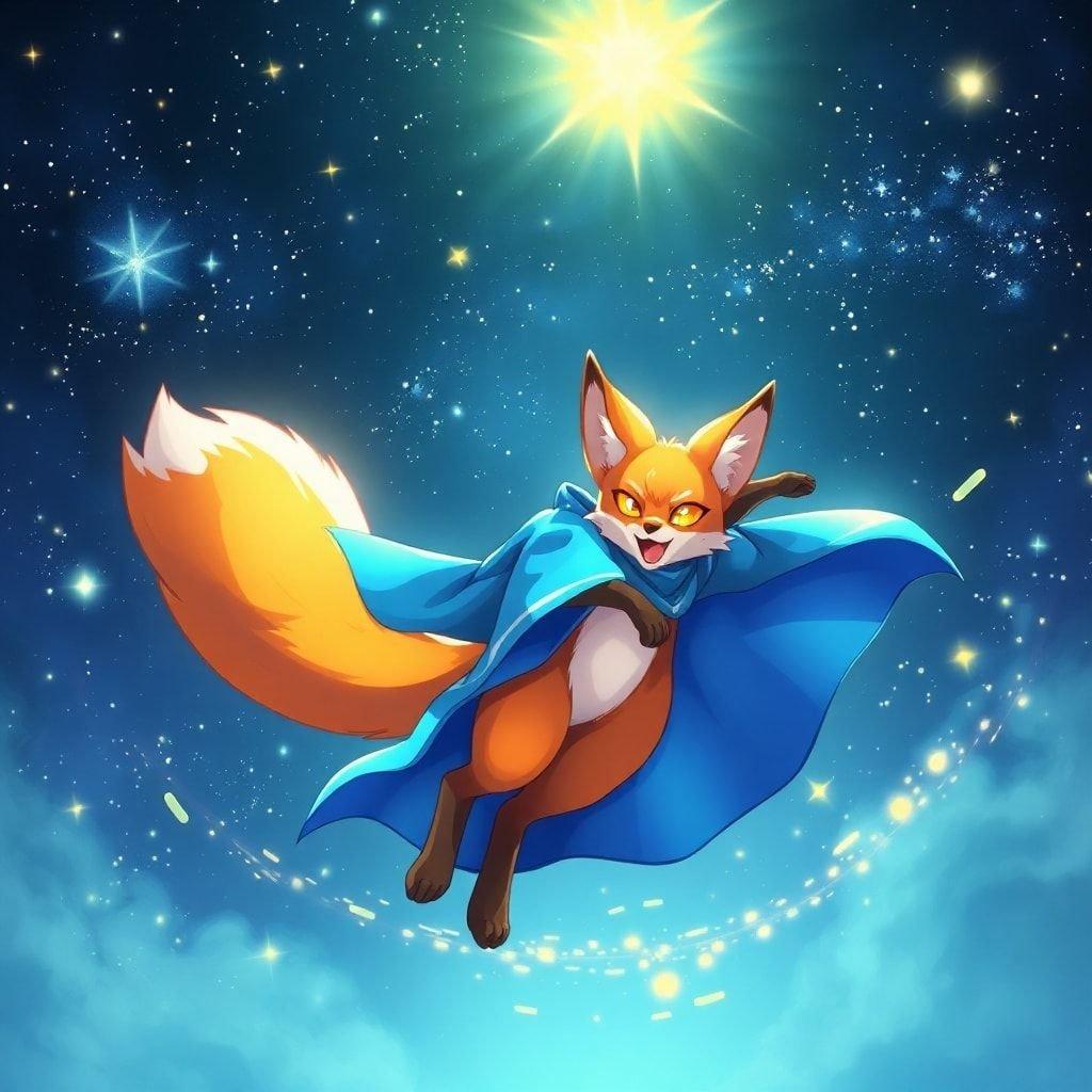 In a whimsical world under the starry night sky, a mystical fox spirit dances with the grace of an enchanter. The vibrant orange and yellow fur of our little magician is wrapped in a flowing blue robe that contrasts beautifully against its deep green accents. The fox's face beams with joy as it spreads its arms wide, embodying the spirit of freedom and magic. Its eyes gleam like twinkling stars, illuminating the path of dreams.