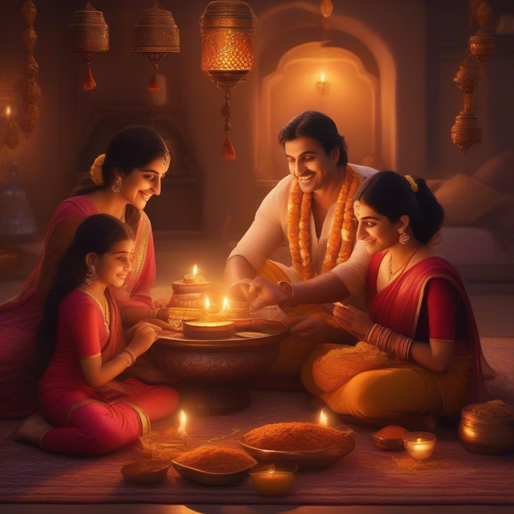 Questa bellissima carta da parati cattura l'essenza del Diwali, il festival delle luci, con un'immagine straordinaria di una famiglia che celebra insieme. Il caldo bagliore delle diyas e i colori vivaci delle decorazioni creano un'atmosfera accogliente e invitante, perfetta per aggiungere un tocco di allegria festiva al tuo desktop o dispositivo mobile.