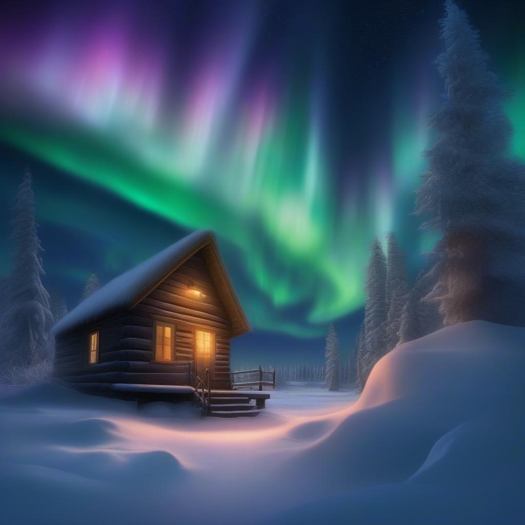 A festive cabin in the snowy woods, bathed in soft light from the shining auroras above. Perfect for a magical Christmas getaway in the winter wonderland.