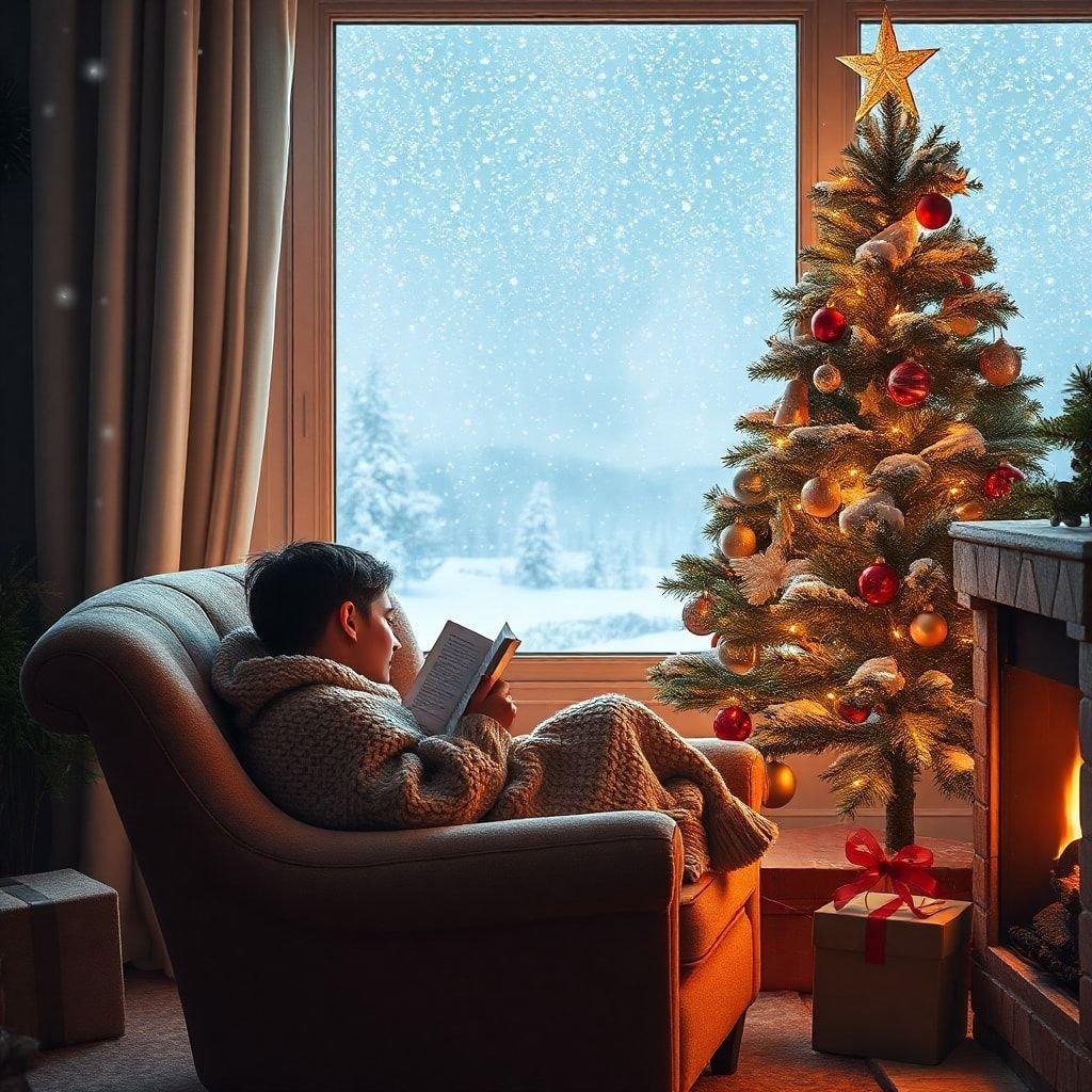 A heartwarming scene where a young boy finds joy in the quiet moments of reading by the soft glow of the Christmas tree lights.