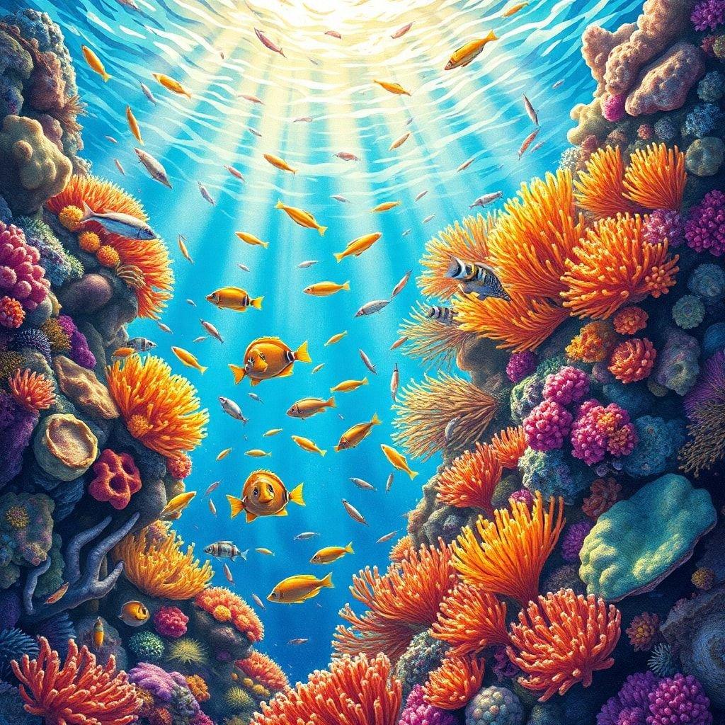 A vibrant deep sea scene filled with colorful marine life. Schools of fish dart through the clear blue water, while coral and anemone colonies provide a colorful contrast to the surrounding ocean.