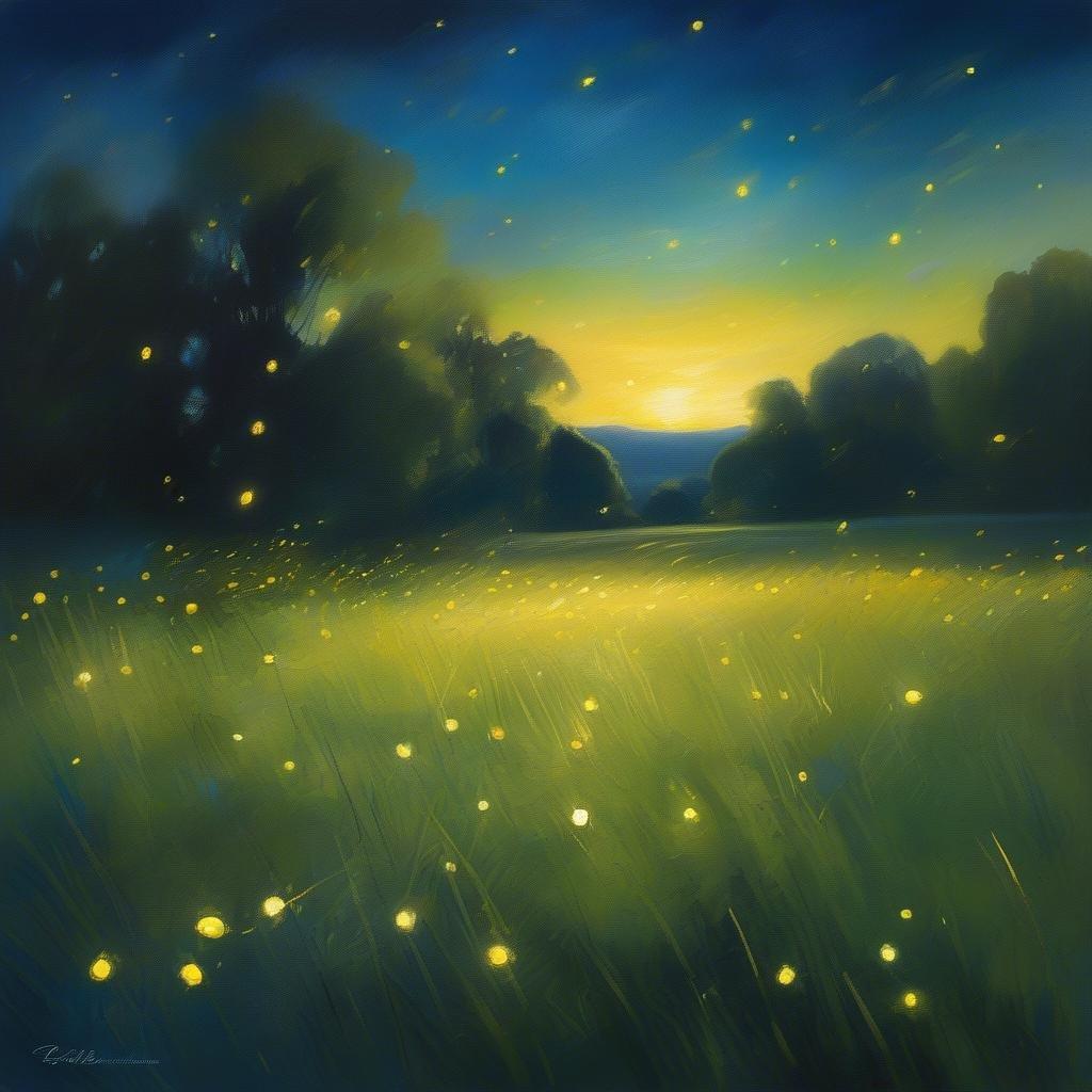 A breathtaking scene of fireflies lighting up the field at sunset, creating a sense of tranquility and enchantment.