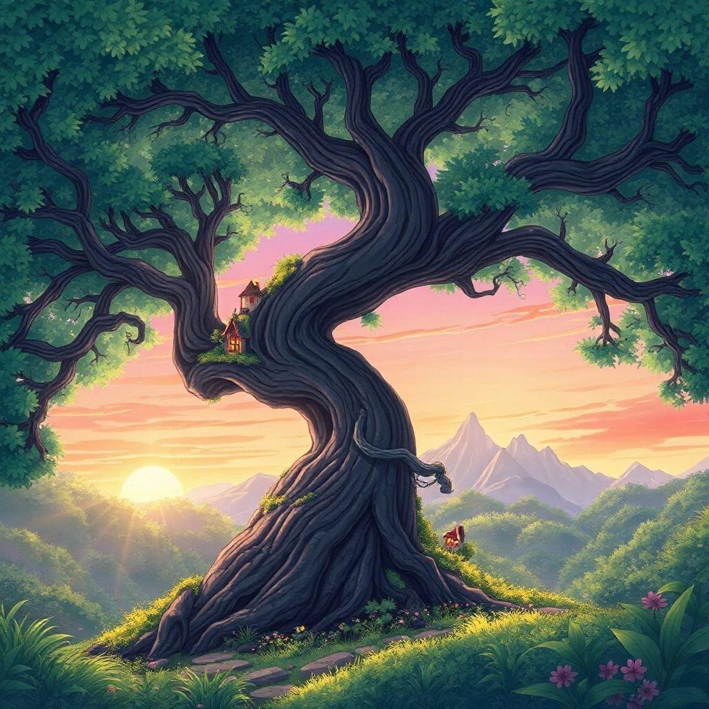 An enchanting anime illustration depicts a quaint village perched among the sprawling branches of a majestic tree. The village is nestled amidst lush greenery and a serene landscape, with a breathtaking mountain range as the backdrop. The sky is painted in hues of orange and pink, marking the end of another day and the dawn of another. This captivating scene evokes a sense of tranquility and wonder, making it an ideal wallpaper for desktop or mobile.