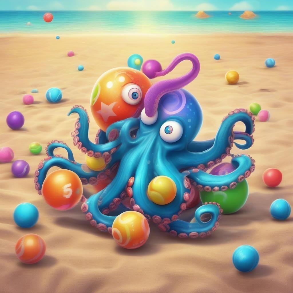 This vibrant wallpaper features a playful octopus surrounded by colorful balls on a sunny beach, perfect for adding a fun and lively touch to your desktop or mobile device.