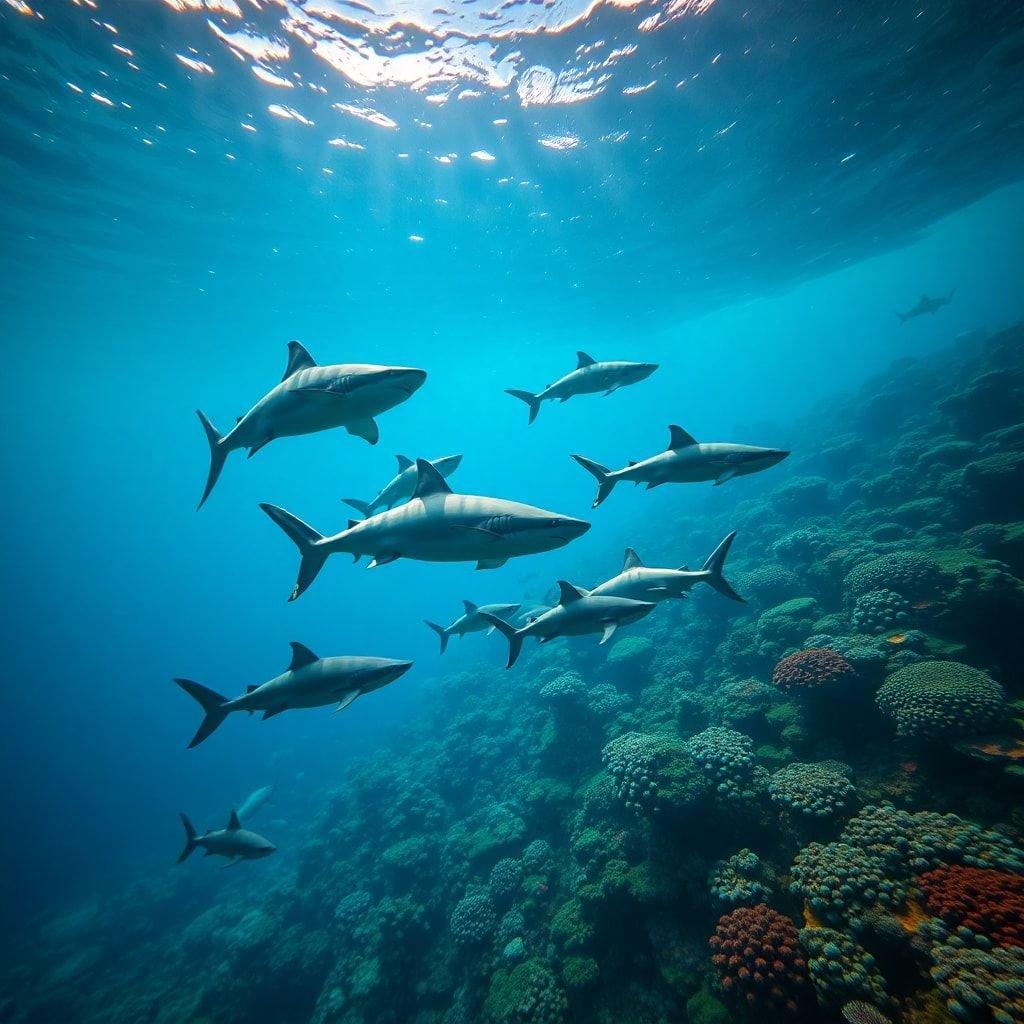 The tranquil depths teem with these gentle giants, a breathtaking spectacle of marine life. Each shark, a creature of grace and power, swims alongside its companions in the heart of the ocean. The vibrant coral reefs form an ethereal backdrop to this underwater tableau.