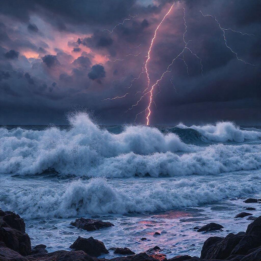 Experience the raw power of nature as lightning dances above turbulent ocean waves. This dramatic scene captures the essence of the sea's fierce beauty and the majestic sky, making it a perfect wallpaper for desktop and mobile screens.