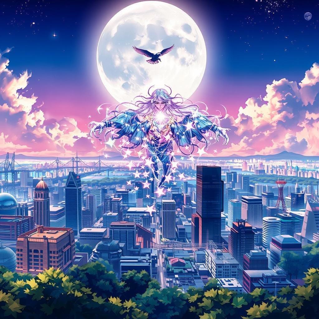 An enchanting scene where the stars and the moon cast their ethereal glow upon an urban jungle, creating a harmonious blend of celestial grace and city life. As the sun sets, the moon rises to meet the starry being descending from above, guided by a solitary bird in flight. The colors dance between the cool blues of the sky and the warm pinks of the city lights, each hue reflecting the magic unfolding before our eyes.