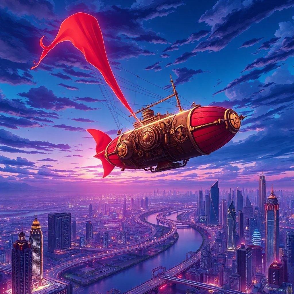 This anime-style wallpaper features a stunning airship soaring above a vibrant cityscape, with intricate details and a glowing red tail adding to the ethereal atmosphere.