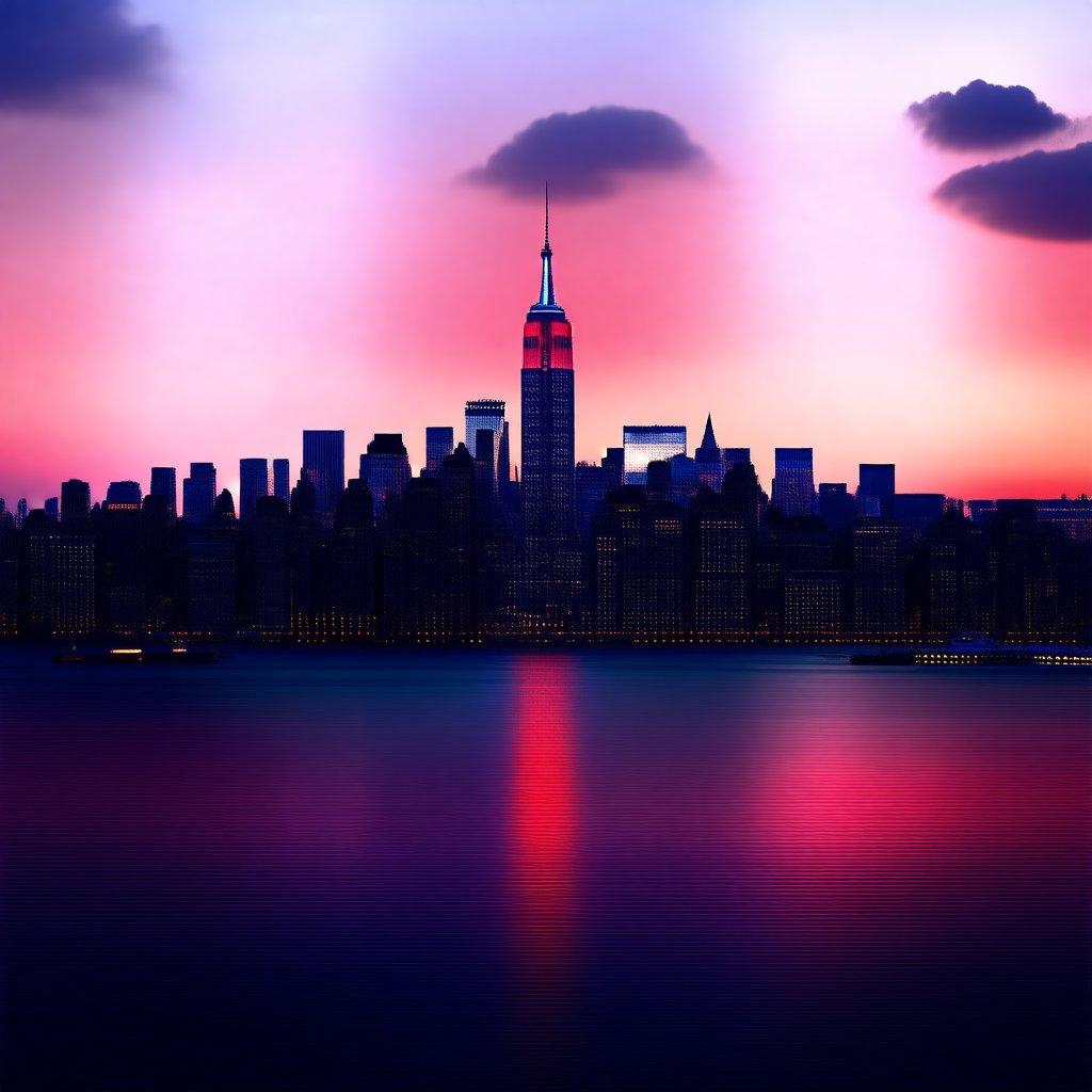 A picturesque view of New York City skyline against a stunning sunset. The lights from the buildings reflect on the water, making for a serene and vibrant cityscape.