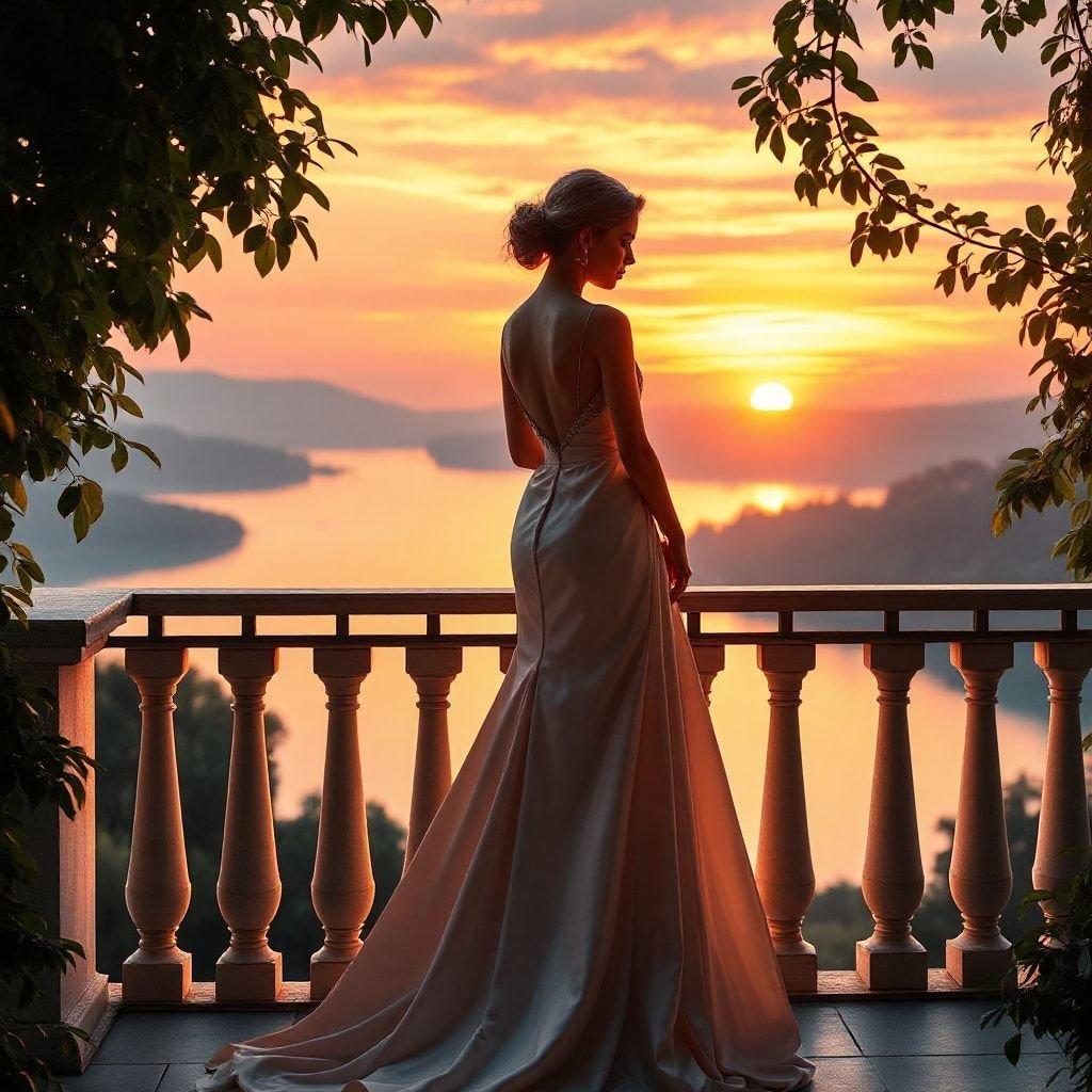 Lady in elegant gown admiring sunset over lake, evoking joyous celebrations.