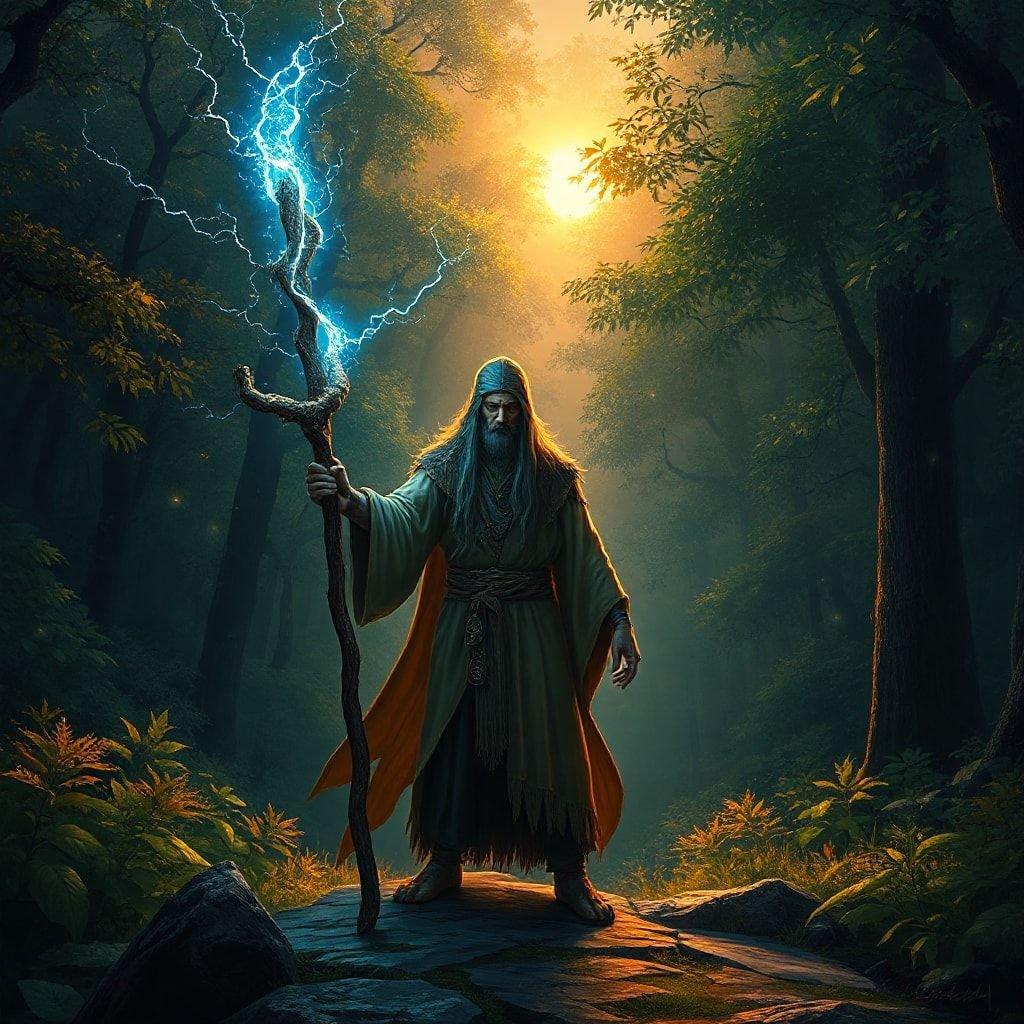 This fantasy wallpaper features a wizard standing in the middle of a forest, surrounded by towering trees and lush greenery. The wizard is dressed in traditional robes and holds a staff in his hand, exuding a sense of wisdom and power. The background of the image is a misty, mystical forest, with the sun shining through the trees and casting dappled shadows on the ground. The overall effect is one of enchantment and wonder, inviting the viewer to step into the magical world of fantasy.