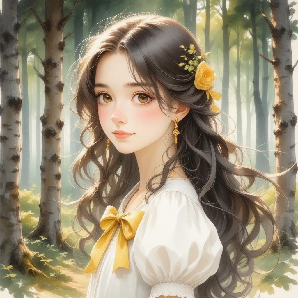 This enchanting wallpaper features a young girl with long, flowing hair, dressed in a white dress and a yellow bow, set against a backdrop of tall trees in a forest. Her captivating gaze is directed left, while her hair is a mesmerizing blend of green and yellow hues, adding an air of mystery to the scene.