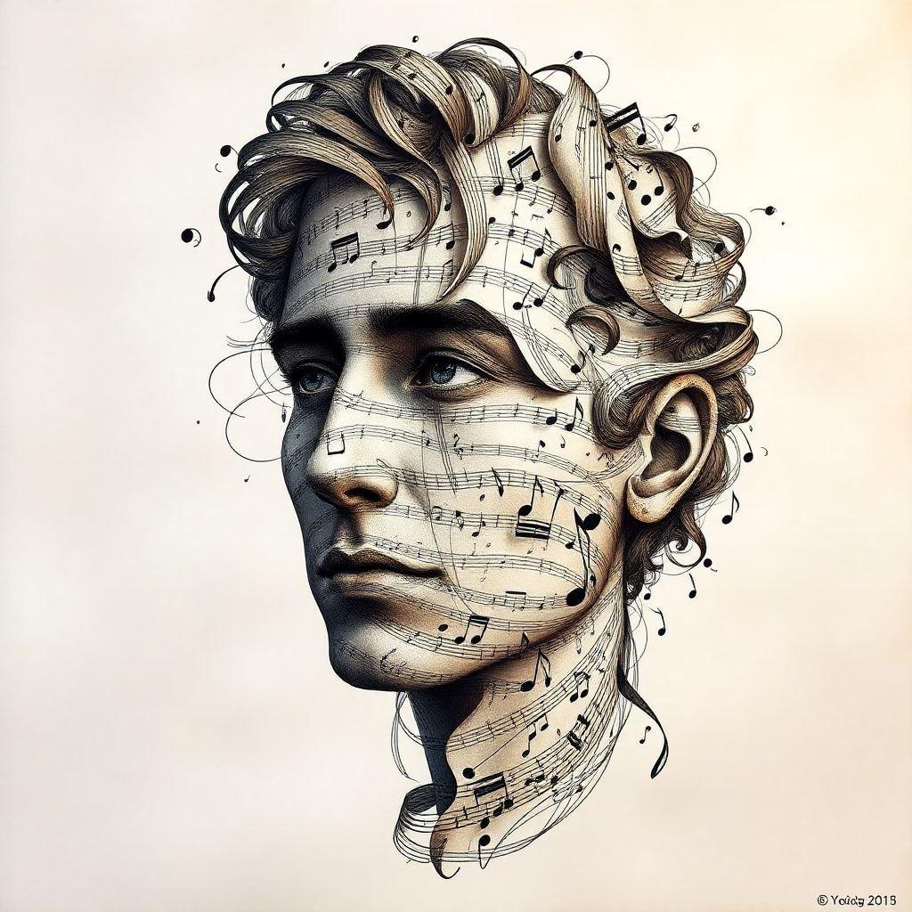 This wallpaper celebrates the harmonious blend of music and art. The central figure, a man with flowing hair and intense eyes, is depicted as if his mind has been taken over by melodies. The lines that radiate from his head mimic the patterns found in sheet music, suggesting he is so immersed in his thoughts that they have turned into music. The color palette leans towards earth tones with a hint of blue, giving it a warm and inviting feel. This wallpaper would be perfect for anyone who appreciates music or art.