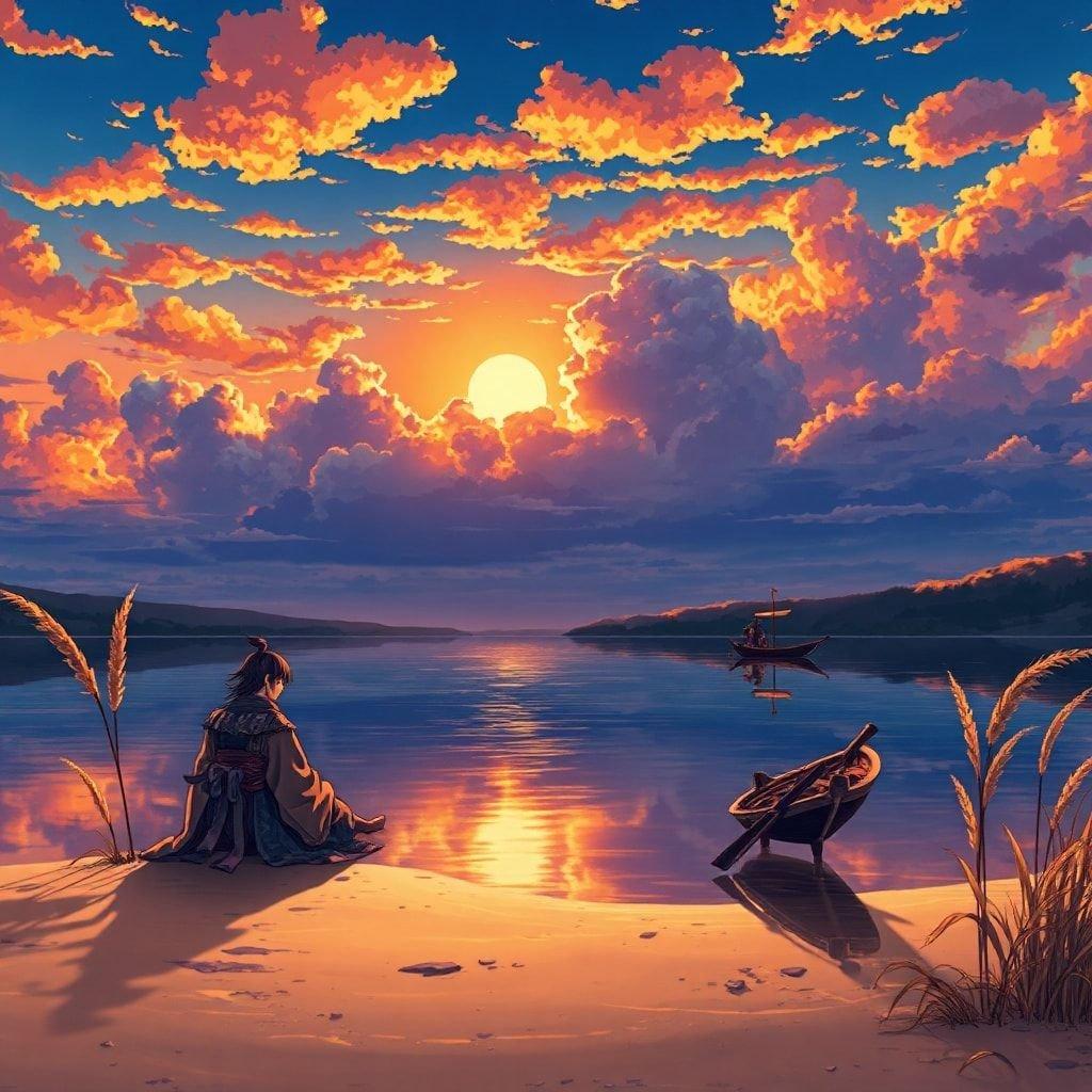 Immerse yourself in the tranquil world of anime with this captivating wallpaper, featuring a samurai in a serene lakeside setting, surrounded by vibrant hues of orange, yellow, and purple, evoking a sense of peacefulness.