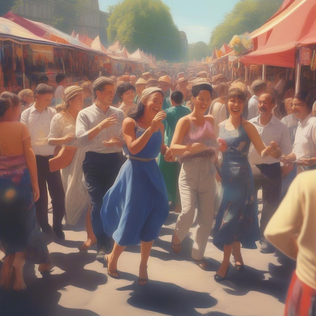 Un vibrante mercado al aire libre lleno de gente, repleto de coloridos puestos de ropa y celebración animada. Dos mujeres en vestidos ríen mientras compran, encarnando el espíritu festivo de Diwali.