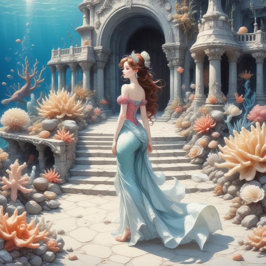 This captivating wallpaper features a charming mermaid princess standing in front of an underwater palace made entirely of coral and shells. The elegant figure of the mermaid princess adds a whimsical touch to the scene, capturing a harmonious blend of nature and fantasy.