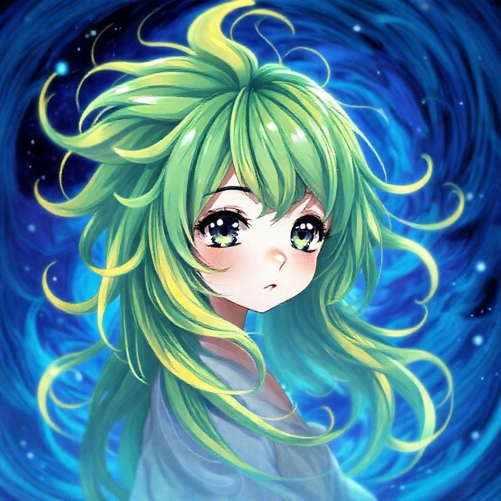 A whimsical depiction of an anime girl with flowing green and yellow hair, set against a mysterious purple and blue background. Her gaze is directed towards the viewer, adding a sense of enigmatic wonder.