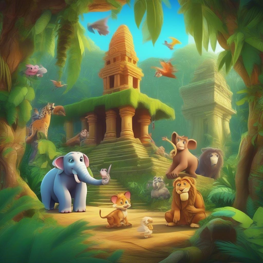 A colorful and playful scene from an animated jungle, featuring beloved cartoon animals.