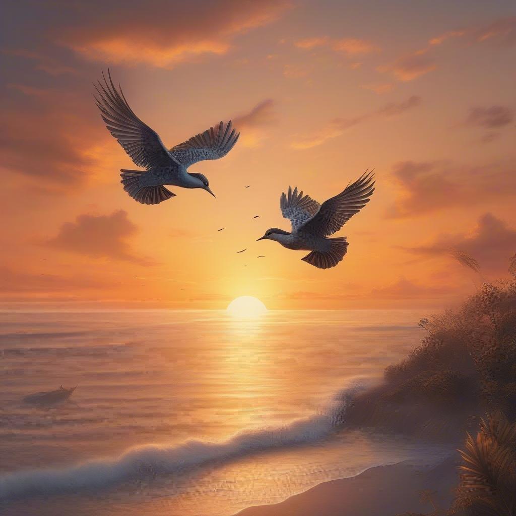 A beautiful and peaceful scene of two birds flying over the ocean at sunset, perfect for a wedding or anniversary celebration.